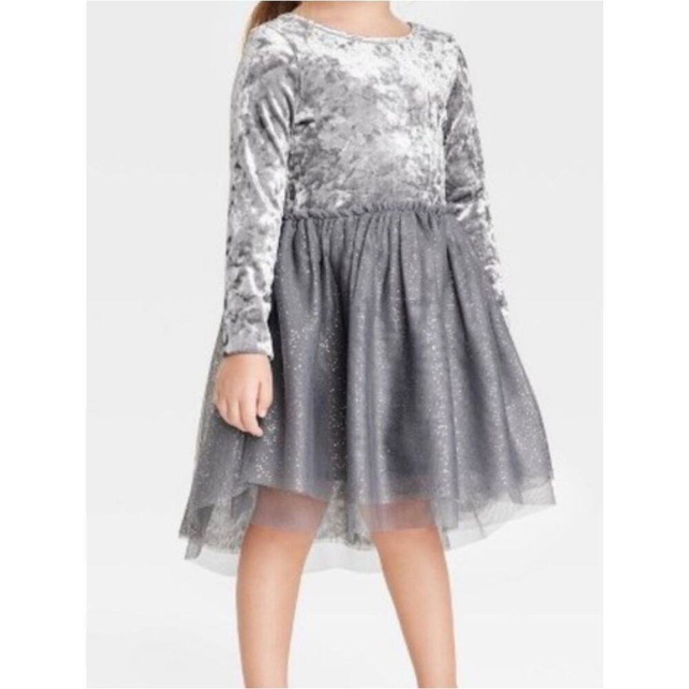 Cat & Jack Sparkly Silver Velvet Dress Sz M (7/8)